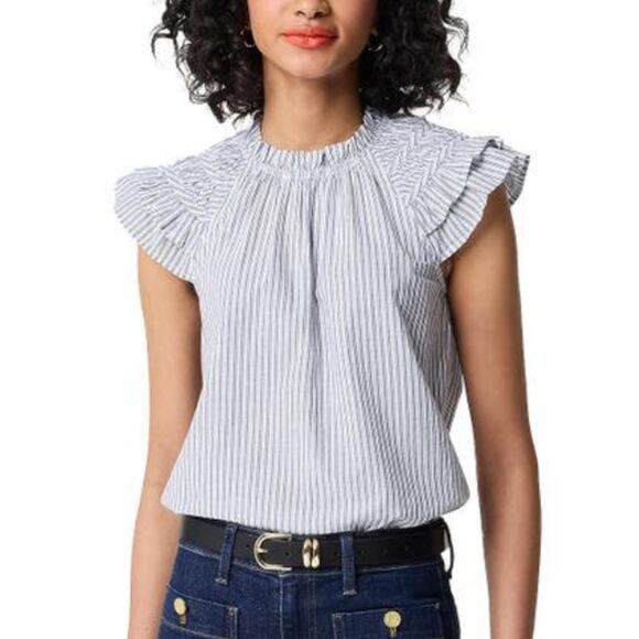 J.Crew Flutter Sleeve Top WMNS S White Blue Striped Ruffled Crewneck Sleeveless - Picture 1 of 10
